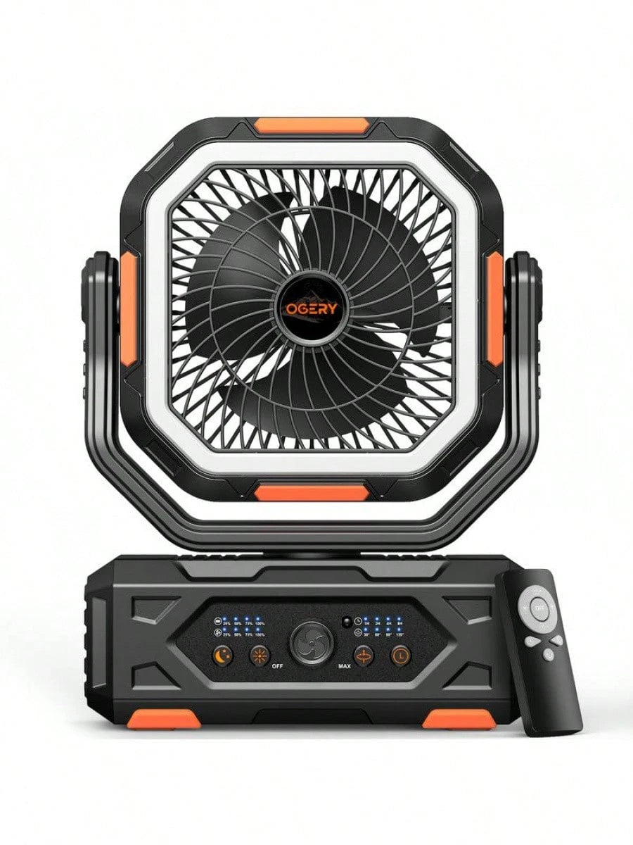 Upgrade 2025 Camping Fan – 20000mAh Rechargeable, LED Light, 270° Pivot, Remote Control