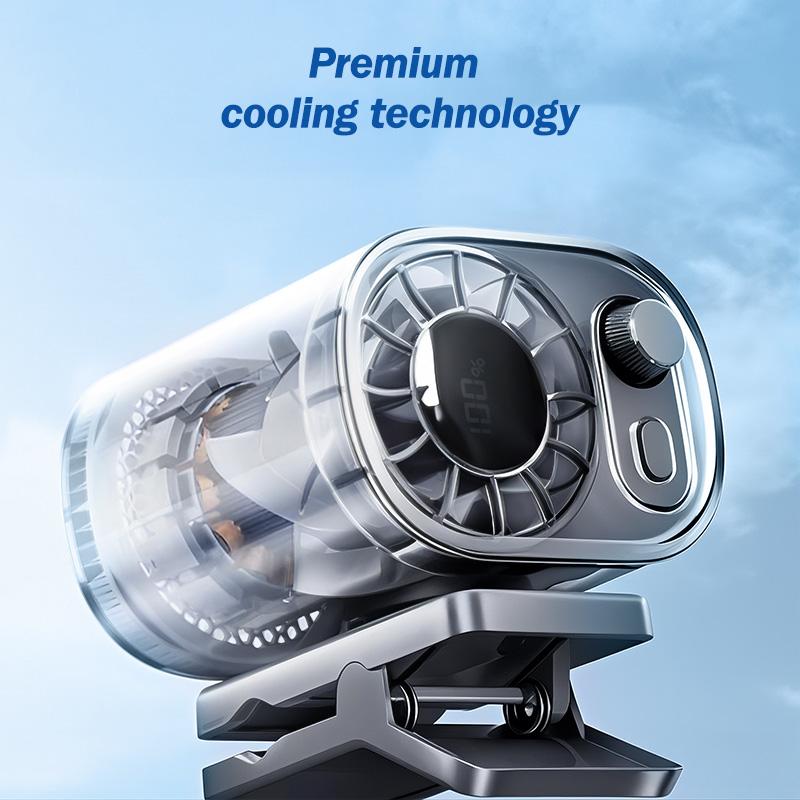 Premium Tech Car Clip-On Fan – 360° Rotation, 100 Speeds, LED Display, USB Rechargeable (1800mAh)