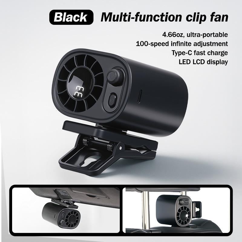 Premium Tech Car Clip-On Fan – 360° Rotation, 100 Speeds, LED Display, USB Rechargeable (1800mAh)