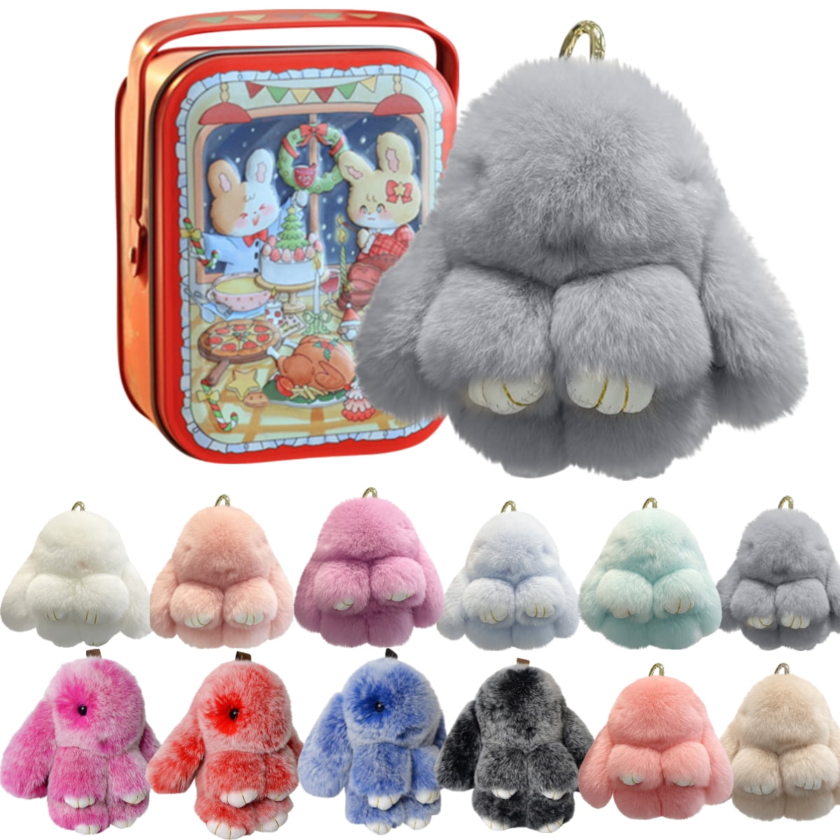 Bunny LuLu Handmade Soft Bunny PomPom Keychain with Designed Tin Box β Adorable Charm for Bags, Phones, and Keys in 14 Colors Hot Pink VNP