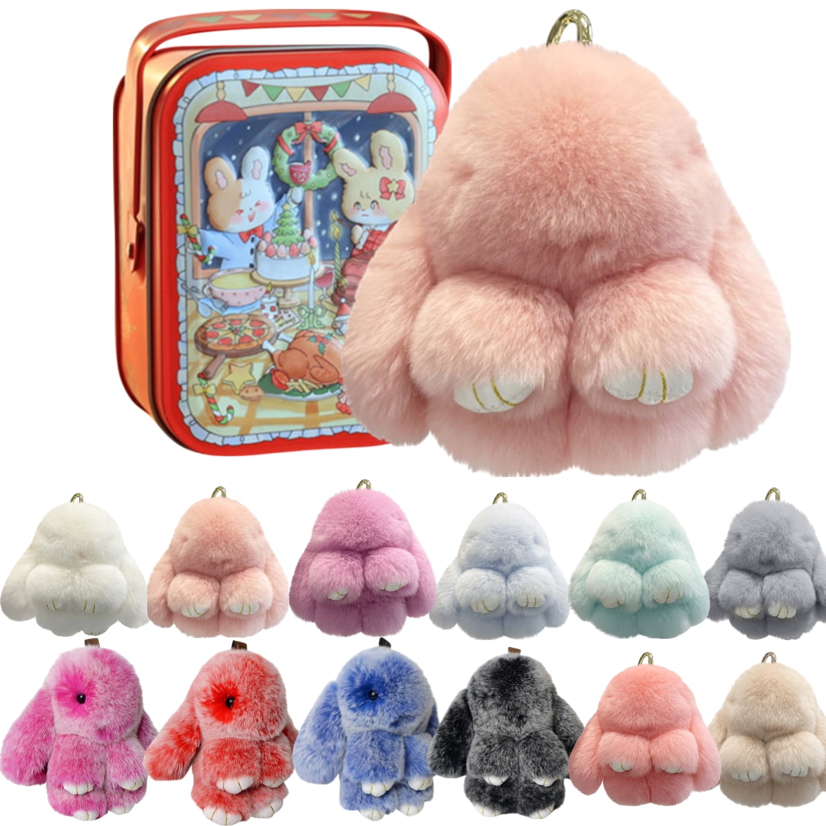 Bunny LuLu Handmade Soft Bunny PomPom Keychain with Designed Tin Box β Adorable Charm for Bags, Phones, and Keys in 14 Colors Hot Pink VNP