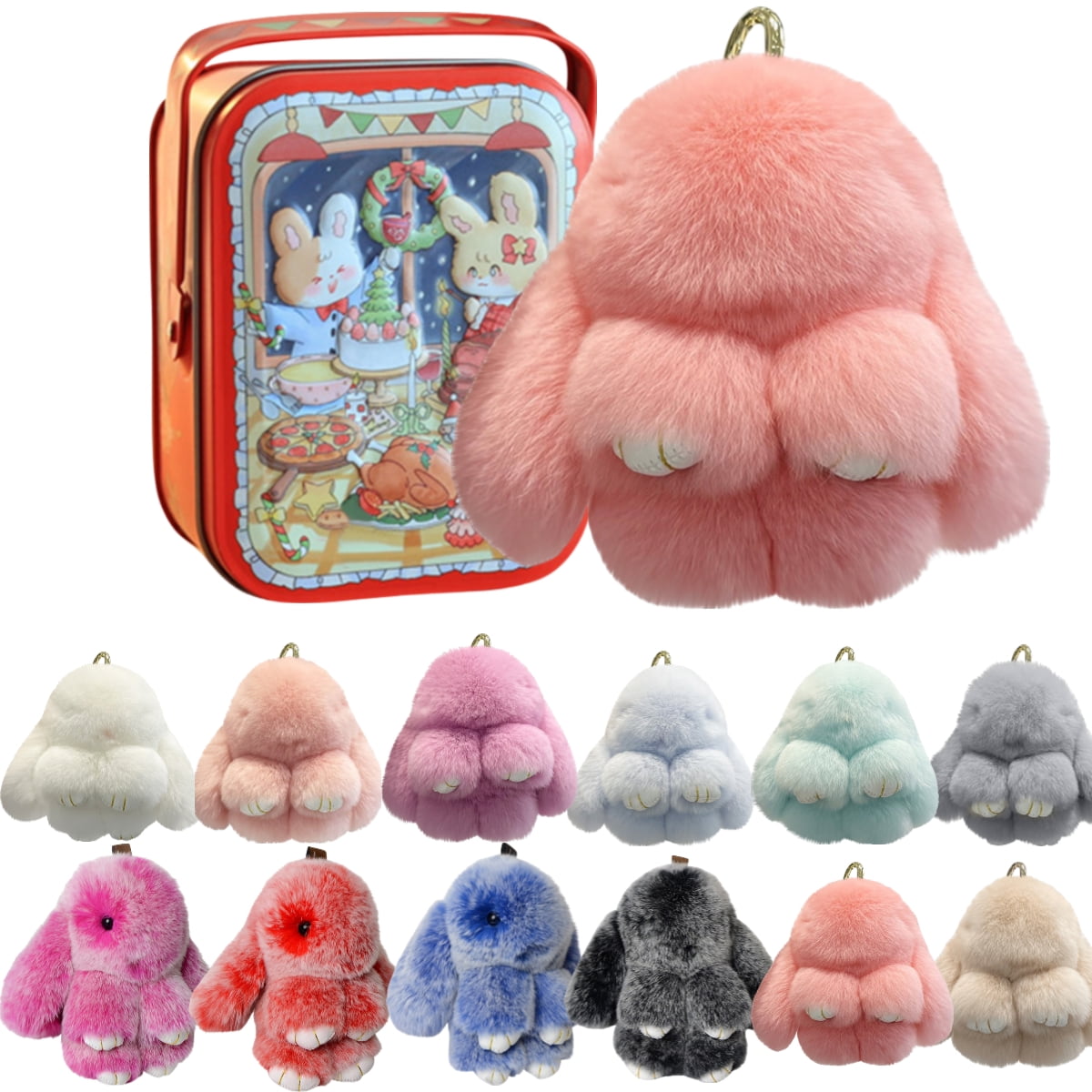 Bunny LuLu Handmade Soft Bunny PomPom Keychain with Designed Tin Box β Adorable Charm for Bags, Phones, and Keys in 14 Colors Hot Pink VNP
