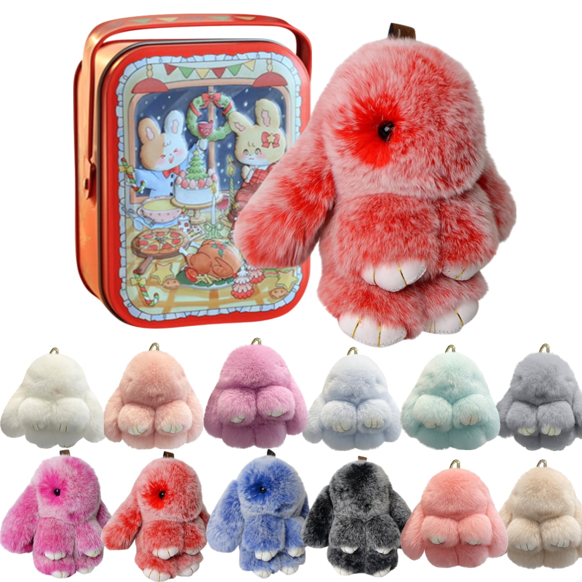 Bunny LuLu Handmade Soft Bunny PomPom Keychain with Designed Tin Box β Adorable Charm for Bags, Phones, and Keys in 14 Colors Hot Pink VNP