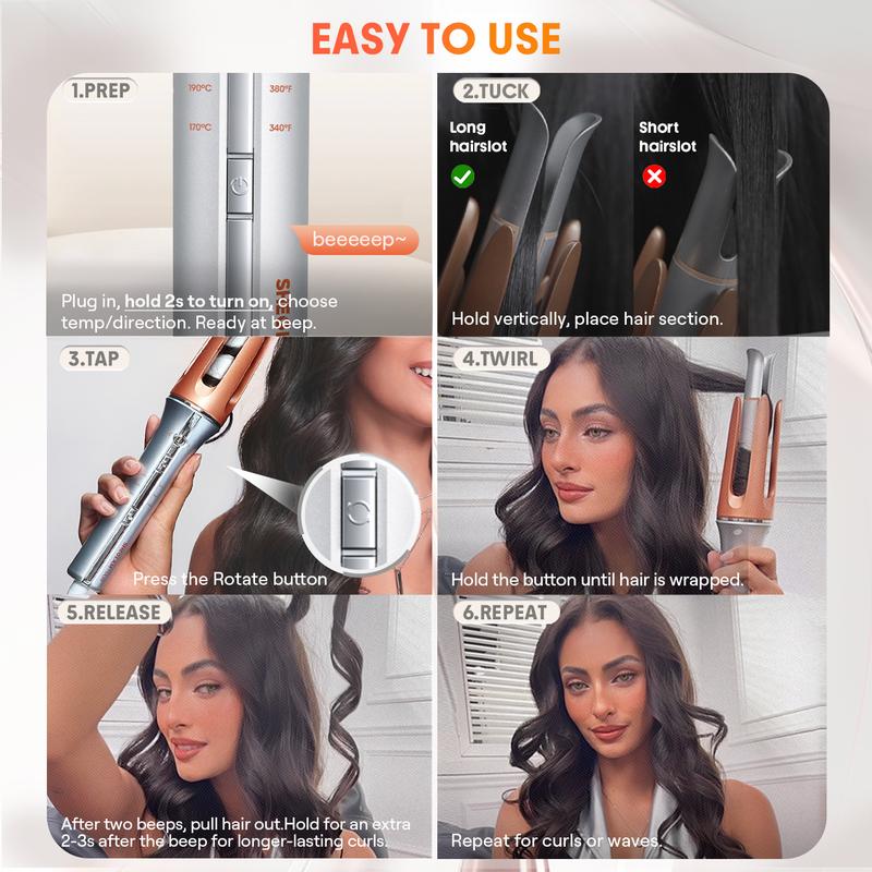 Auto Curling Iron with 3 Heat Levels, 2-Way Spin & Anti-Burn Design