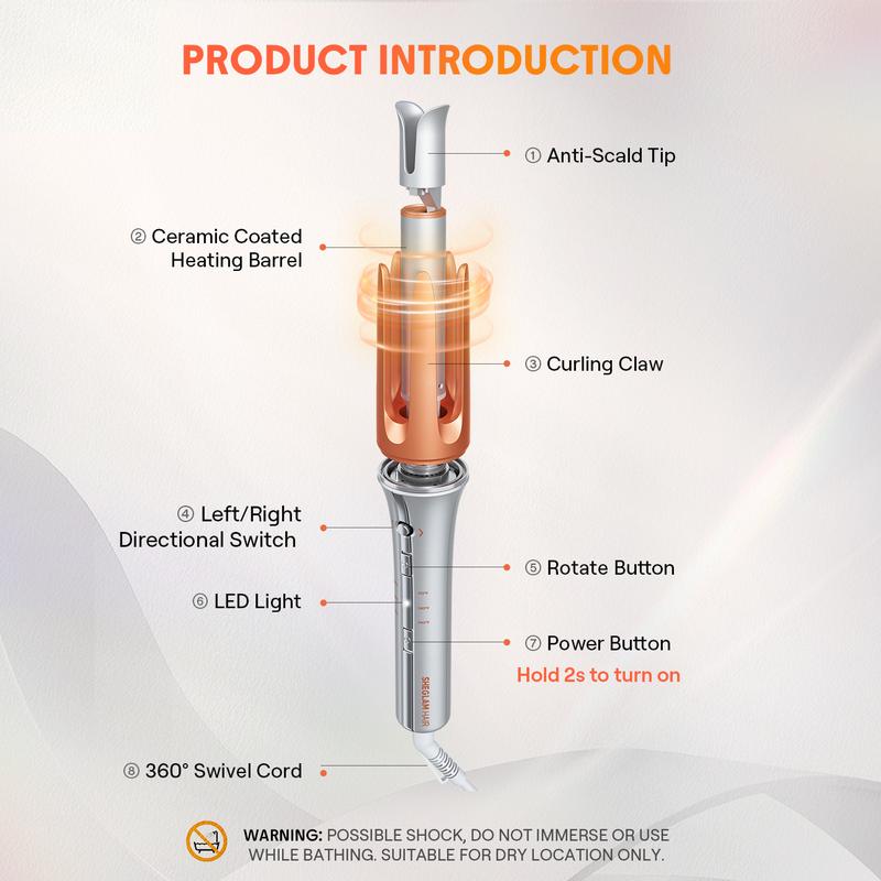 Auto Curling Iron with 3 Heat Levels, 2-Way Spin & Anti-Burn Design