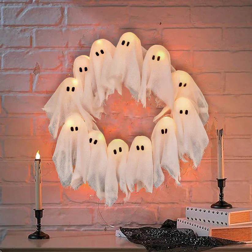 🔥 2025 HOT SALE -👻 ✨ Spooky Halloween Glow Wreath – Light Up Your Home with LED Ghostly Charm - LHT