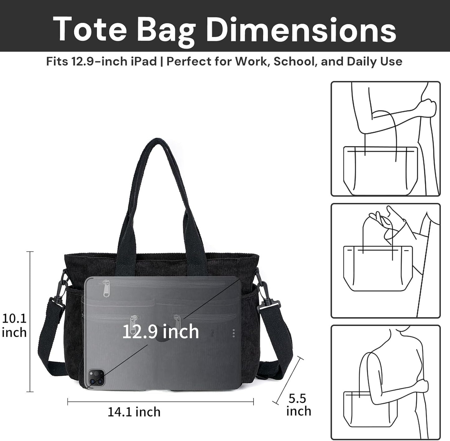 Tote Bag for Women, Corduroy Crossbody Purse, Travel Shoulder Bag, Work Handbag, Everyday Hobo Tote Bag for Schoo