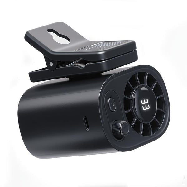 Premium Tech Car Clip-On Fan – 360° Rotation, 100 Speeds, LED Display, USB Rechargeable (1800mAh)