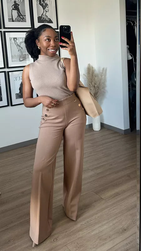 Tummy Control Button Wide Leg Pant