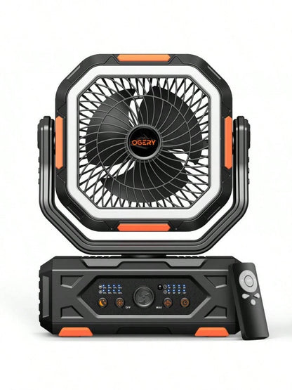 Upgrade 2025 Camping Fan – 20000mAh Rechargeable, LED Light, 270° Pivot, Remote Control