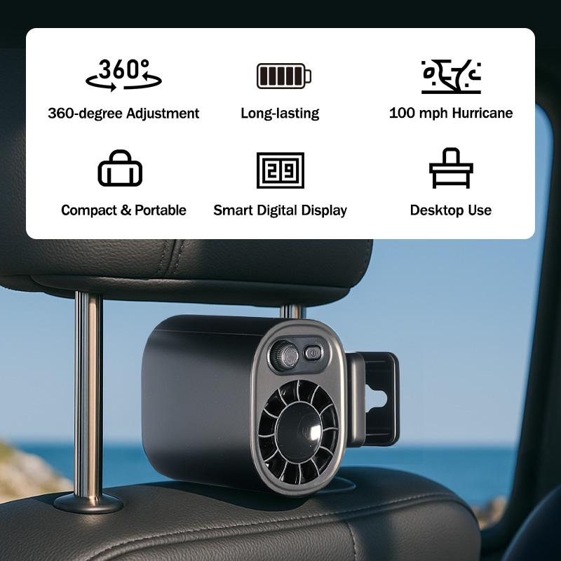 Premium Tech Car Clip-On Fan – 360° Rotation, 100 Speeds, LED Display, USB Rechargeable (1800mAh)