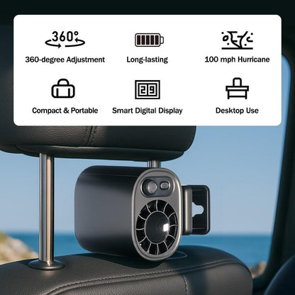 Premium Tech Car Clip-On Fan – 360° Rotation, 100 Speeds, LED Display, USB Rechargeable (1800mAh)