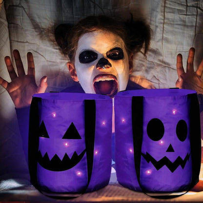 3 Pcs Halloween Candy Bucket with LED Lights – Reusable Pumpkin Trick or Treat Bags | Tote Bags for Students Adults | Night Light Decor for Home Garden Party Favors VNP