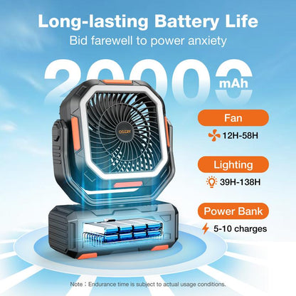Upgrade 2025 Camping Fan – 20000mAh Rechargeable, LED Light, 270° Pivot, Remote Control