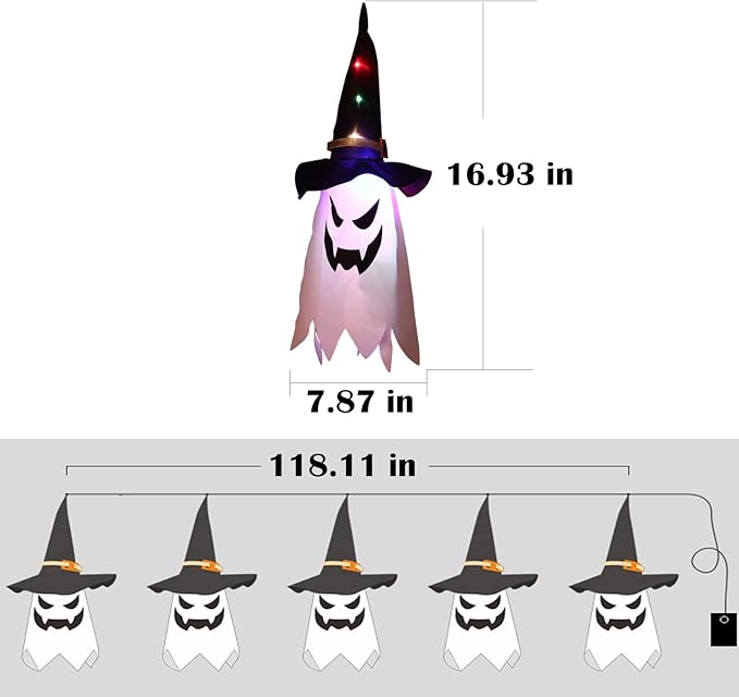 Halloween Decorations, 5-Pack LED Lantern String Lights, Wizard Hat Ghost Hanging Lights, Spooky Atmosphere Halloween Party Decorations for Indoor Porches or Patio Gardens (Ghost)