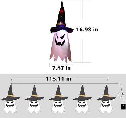 Halloween Decorations, 5-Pack LED Lantern String Lights, Wizard Hat Ghost Hanging Lights, Spooky Atmosphere Halloween Party Decorations for Indoor Porches or Patio Gardens (Ghost)