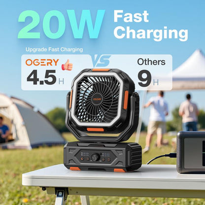 Upgrade 2025 Camping Fan – 20000mAh Rechargeable, LED Light, 270° Pivot, Remote Control