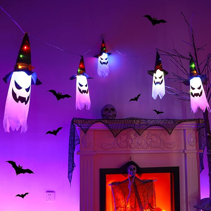 Halloween Decorations, 5-Pack LED Lantern String Lights, Wizard Hat Ghost Hanging Lights, Spooky Atmosphere Halloween Party Decorations for Indoor Porches or Patio Gardens (Ghost)