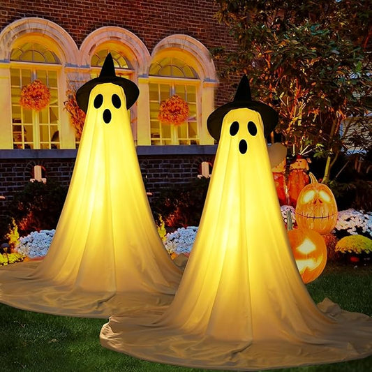 2Packs Halloween Decorations Outdoor, Cute Halloween Decorations Indoor, Spooky Ghost Halloween Decor with Witch Hat, Scary Ghosts Decor with LED Lights for Front Porche Yard Garden Home VNP