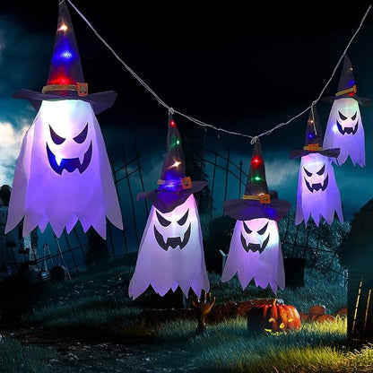 Halloween Decorations, 5-Pack LED Lantern String Lights, Wizard Hat Ghost Hanging Lights, Spooky Atmosphere Halloween Party Decorations for Indoor Porches or Patio Gardens (Ghost)