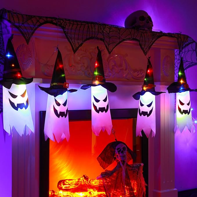Halloween Decorations, 5-Pack LED Lantern String Lights, Wizard Hat Ghost Hanging Lights, Spooky Atmosphere Halloween Party Decorations for Indoor Porches or Patio Gardens (Ghost)