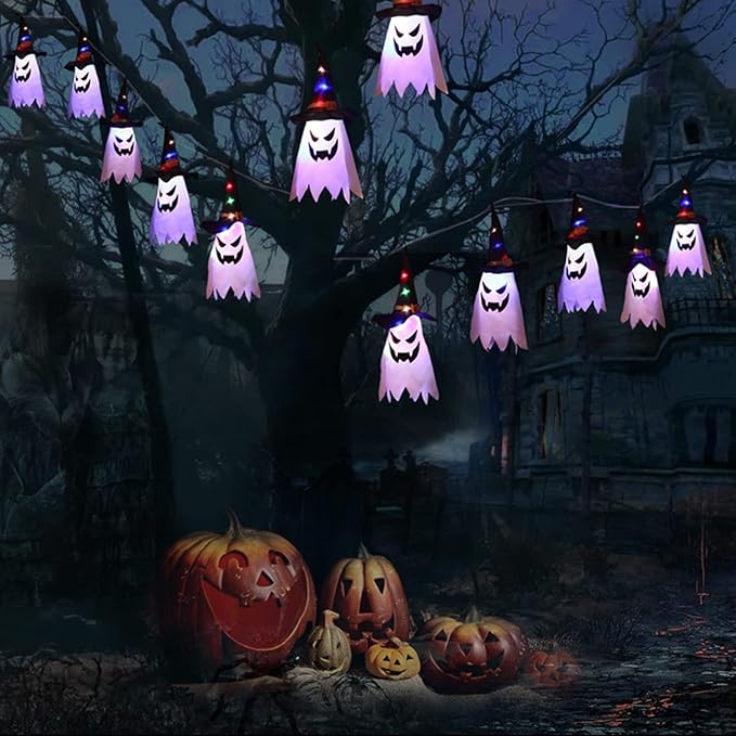 Halloween Decorations, 5-Pack LED Lantern String Lights, Wizard Hat Ghost Hanging Lights, Spooky Atmosphere Halloween Party Decorations for Indoor Porches or Patio Gardens (Ghost)
