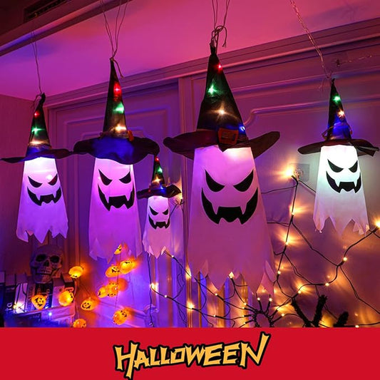 Halloween Decorations, 5-Pack LED Lantern String Lights, Wizard Hat Ghost Hanging Lights, Spooky Atmosphere Halloween Party Decorations for Indoor Porches or Patio Gardens (Ghost)
