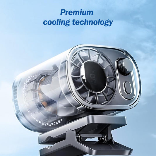 Premium Tech Car Clip-On Fan – 360° Rotation, 100 Speeds, LED Display, USB Rechargeable (1800mAh)