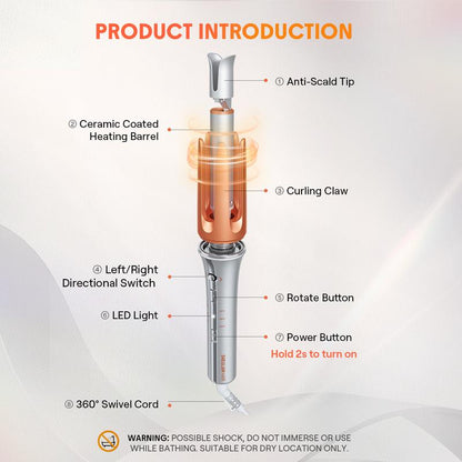 Auto Curling Iron with 3 Heat Levels, 2-Way Spin & Anti-Burn Design