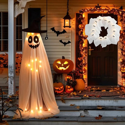 🔥 2025 HOT SALE -👻 ✨ Spooky Halloween Glow Wreath – Light Up Your Home with LED Ghostly Charm - LHT