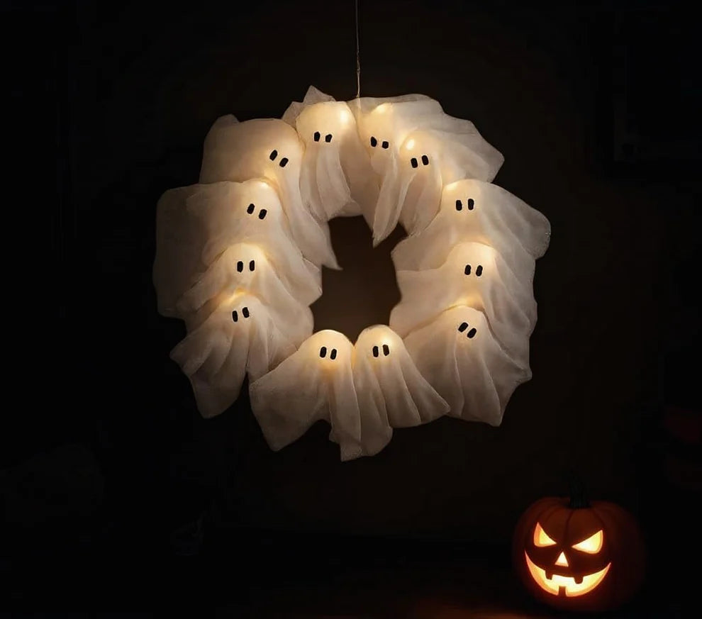 🔥 2025 HOT SALE -👻 ✨ Spooky Halloween Glow Wreath – Light Up Your Home with LED Ghostly Charm - LHT